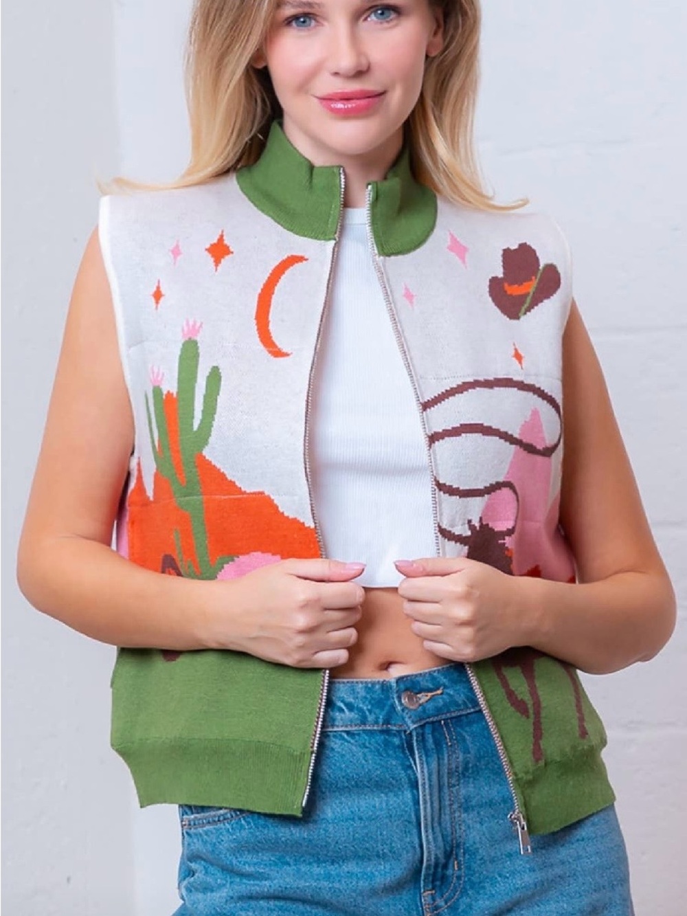 Desert Scene Zip Front Knit Vest - Green/Orange/Pink